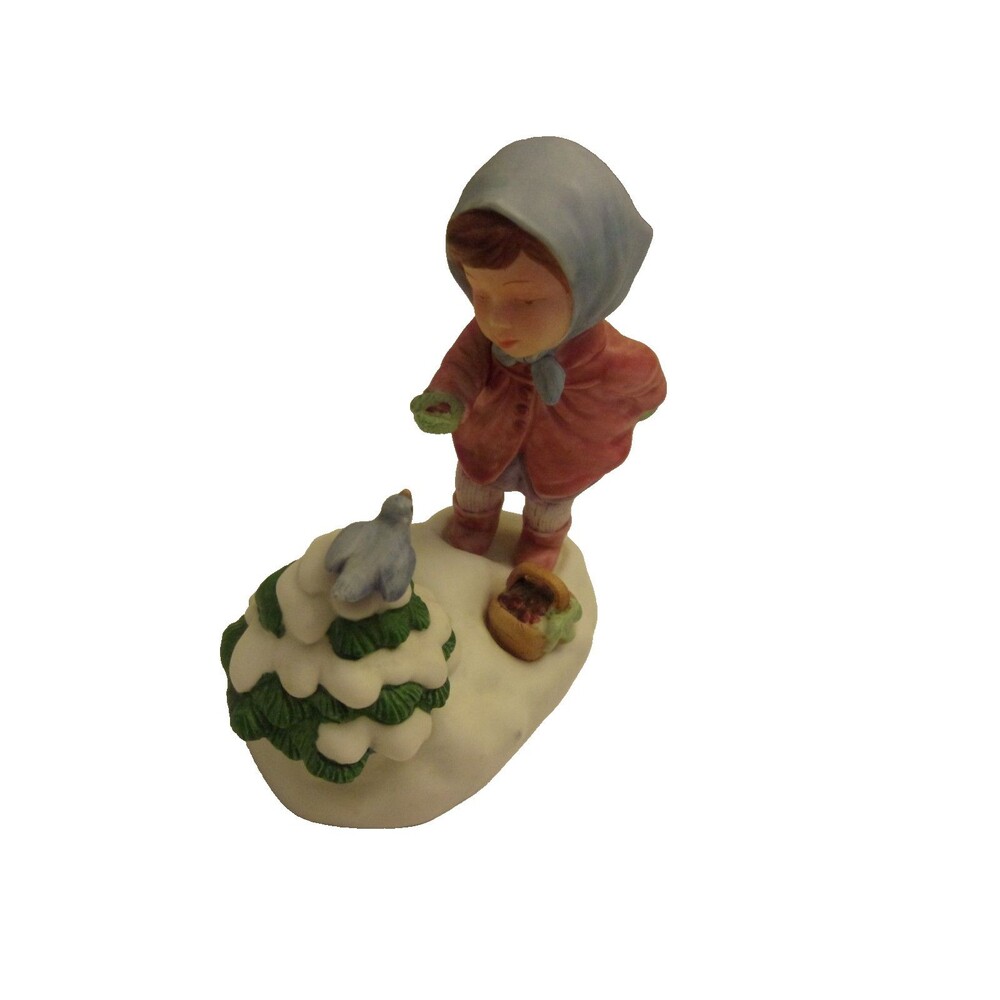 WE WISH YOU A MERRY CHRISTMAS Porcelain Music Box~Girl Feeding Bird AVON 1986